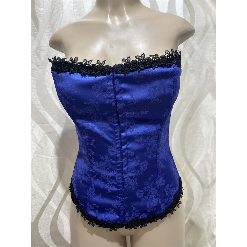 Fredericks of Hollywood Blue Floral Lace Trim Vintage Y2K Satin Corset- Size 36